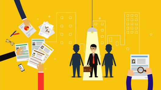 Grafische Darstellung mit Händen, die Zettel halten und im Mittelpunkt eine Person im Rampenlicht